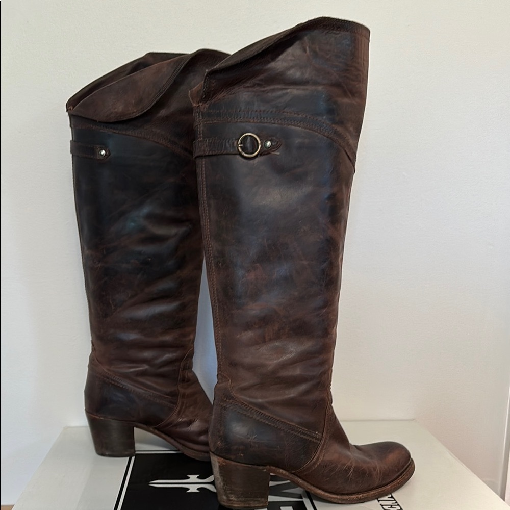 Frye Jane Tall Cuff Dark Brown Leather Knee-High Boots Western - Picture 5 of 7